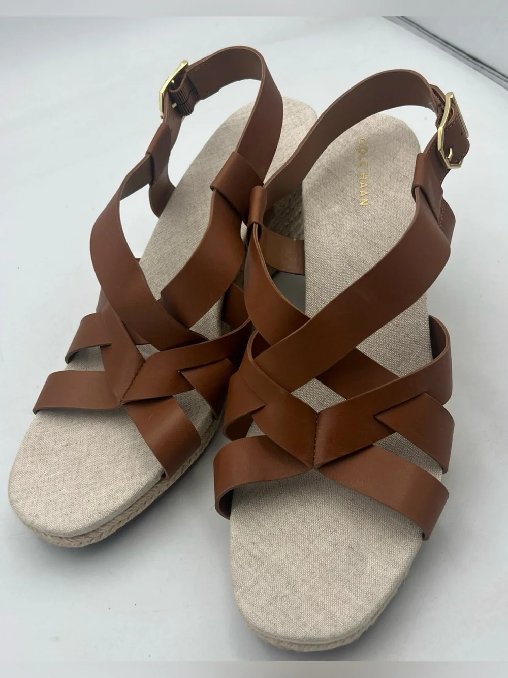 COLE HAAN Crystal Brown Espadrille Strappy Wedge Sandals Women’s Size 9 New